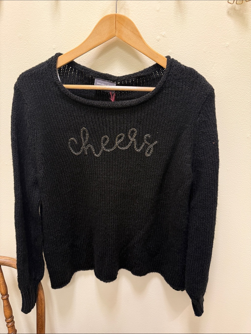 Wooden Ships Black Crewneck Sweater with 'cheers' Script